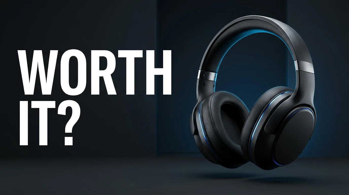 Miniatura de reseña tecnológica con auriculares negros, luces azules y titular WORTH IT?