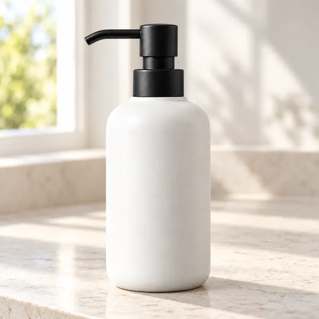 Mismo dispensador blanco mate y bomba negra sobre una encimera clara de cocina con ventana desenfocada y luz matinal.
