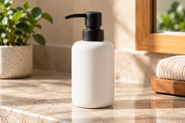 Dispensador blanco mate con bomba negra sobre encimera de piedra clara en baño cálido, con planta, ventana y toallas desenfocadas.
