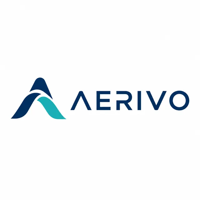 Logotipo AERIVO con isotipo abstracto de tres arcos formando la letra A en azul marino y turquesa, junto al nombre de marca sobre fondo blanco.