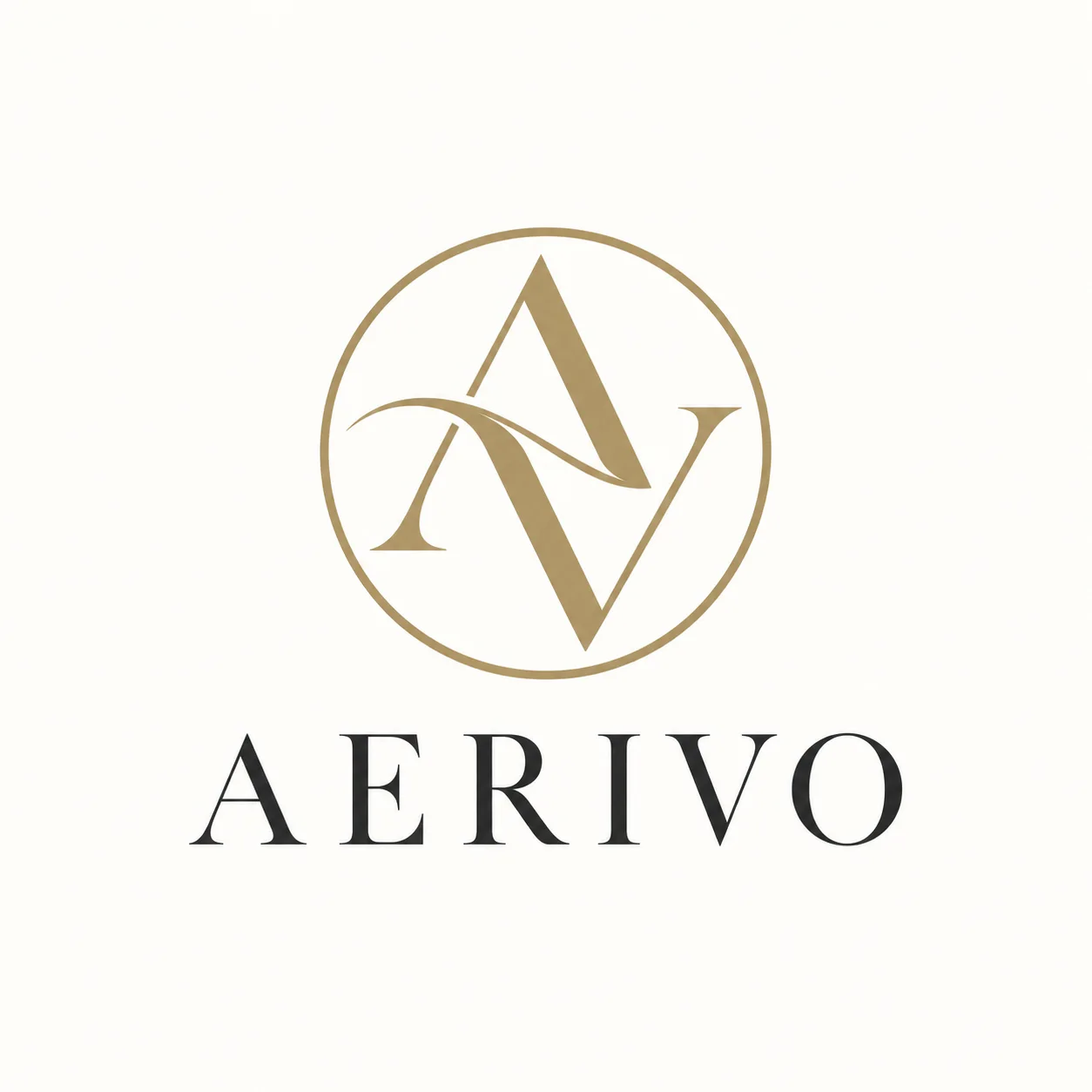 Logotipo AERIVO premium: monograma dorado champagne con letras A y V entrelazadas dentro de un círculo fino, palabra AERIVO en serif color carbón sobre fondo marfil.