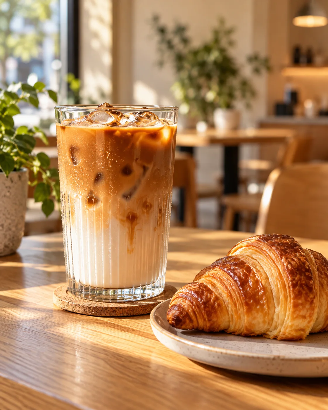 Vaso de café latte helado en vidrio acanalado con gotas de condensación, acompañado de un croissant sobre una mesa de roble en una cafetería iluminada por luz natural.
