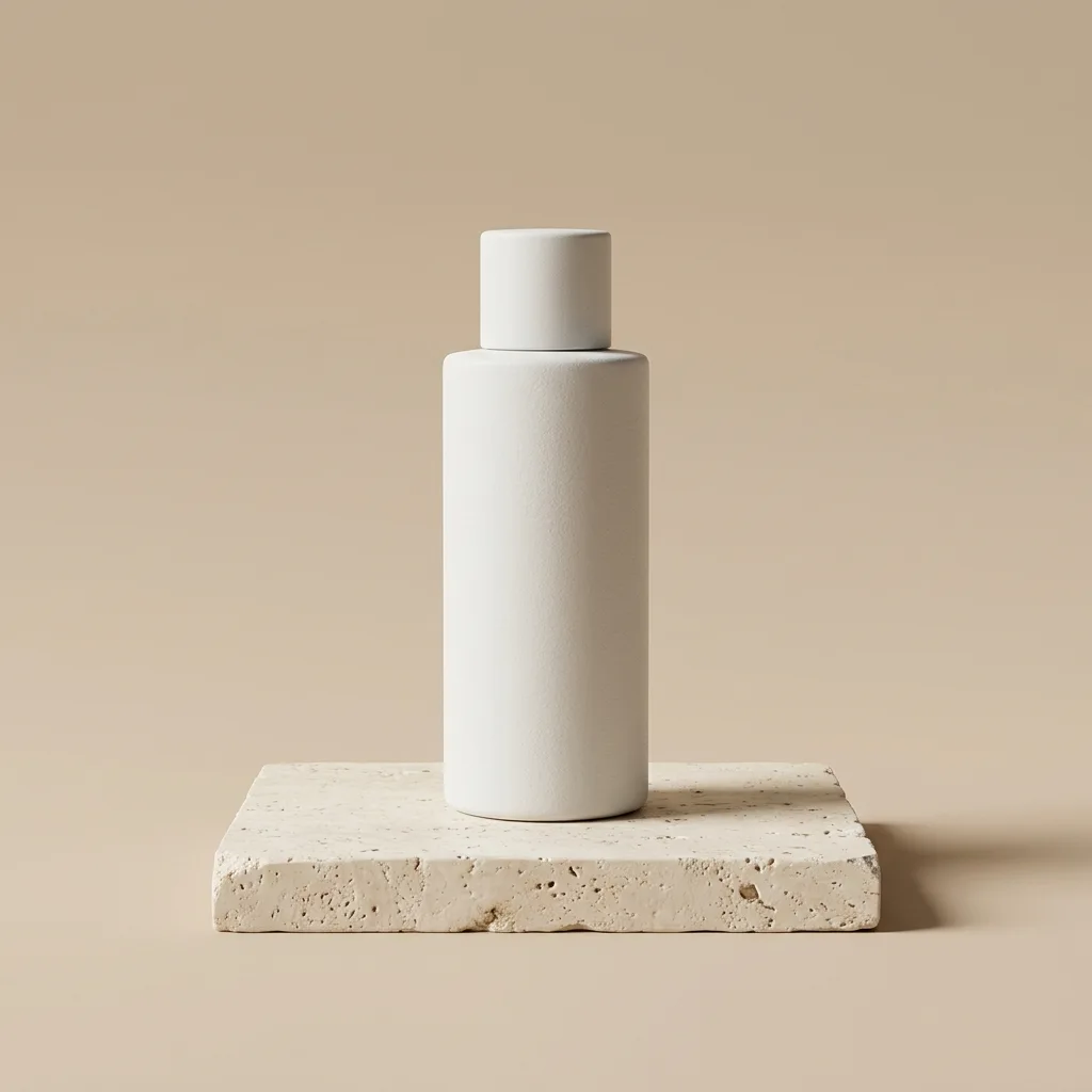 Fotografía publicitaria de frasco cosmético blanco mate sobre pedestal de travertino, con iluminación suave de estudio.